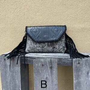 Small Black Cowhide Convertible Crossbody with Embossed Leather Flap